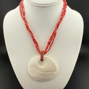Boho Shell Pendant Necklace Multi Strand Beaded Coral Red‎ Strand Necklace